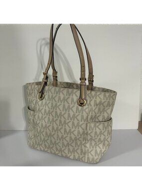 Michael Kors Jet Set Travel Tote Vanilla MK Monogram Zip Top Shoulder Bag